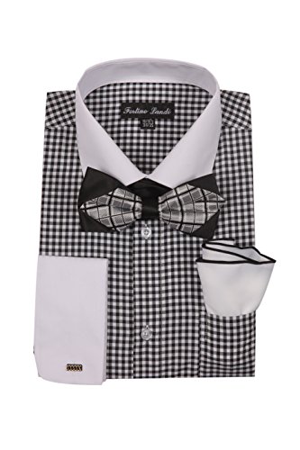 Men's Checks Shirt with High Fashion Bowtie and Handkerchief French