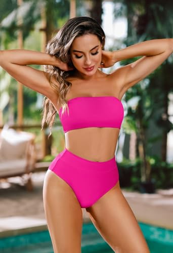 Pink Queen Women's Bandeau High Waist Bikini Set Removable Strap Swimsuit Bathing Suit Bright Pink S - Image 2