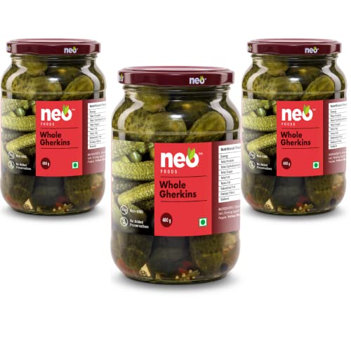 Image of Neo Whole Gherkins 480g I P3 I 100% Plant Based I Low Fat Sweet and Crunchy Pickles, Ready to Eat I Enjoy with Nachos, Make a Healthy Salad at home I (Pack of 3)