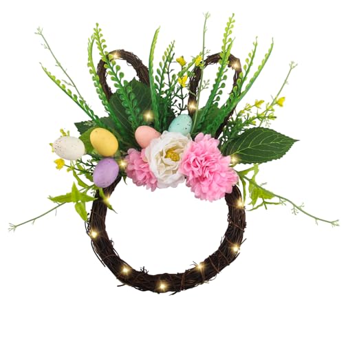 GZGXKJ Coroa para porta de Páscoa, exterior, forma de coelho, coroa de Páscoa, com luz LED, decoração de Páscoa, coroa de Páscoa com flores e ovos, para decoração de primavera e páscoa