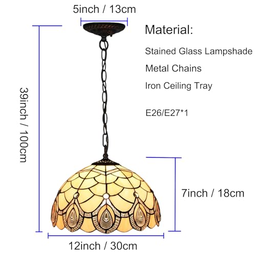 BOTOWI Tiffany Hanging Lamp, Stained Glass Ceiling Pendant Fixture with 12 Inch Wide Handmade Beige Lampshade, Cream Vintage Antique Pendant Lighting for Dining Hallway Kitchen Balcony,Pintail - Image 5
