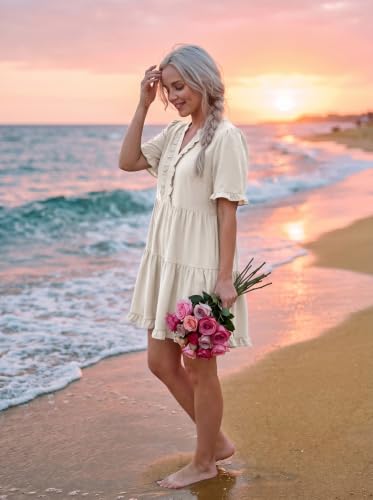 Image of Dokotoo Womens Summer Dresses 2026 V Neck A Line Short Sleeve Casual Ruffle Babydoll Mini Dress