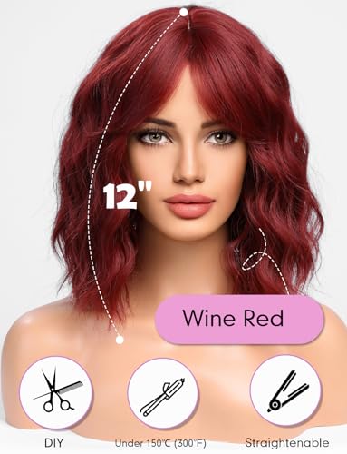 WOKESTAR Bob Curly Wig with Fringe, Short Synthetic Wavy Wigs for Women Wine Red Color, 12 inch - Image 3