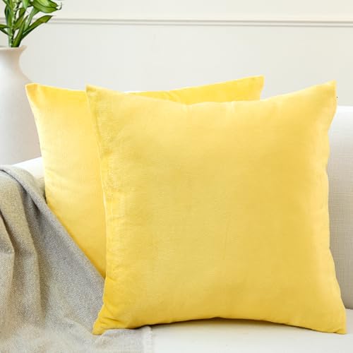 Image of Encasa XO Velvet Throw Pillow Covers 16x16 in (40x40 cm) - Lemon Yellow - No Inserts, Pack of 2 Cases | Solid Plain Dyed Soft & Smooth, Square Decorative Cushion Covers for Living & Bedroom