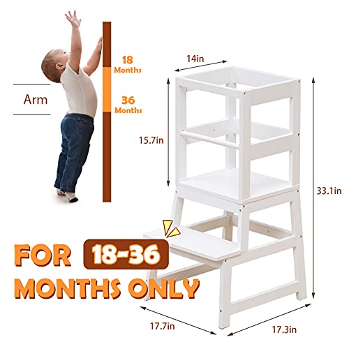 Wooden Kids Montessori Step Stool for Toddlers with Non-Slip Mat - Kitchen and Bathroom Helper (White)