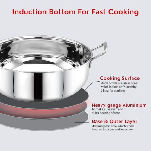 Image of AVIAS INOX Triply Bottom Stainless Steel Kadai 20cm, Easy Grip Handle