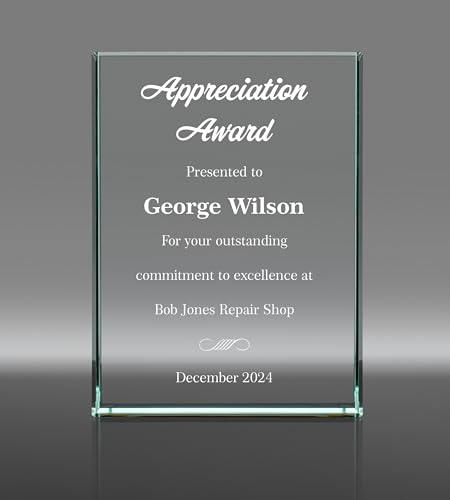 Personalized Plaque - Customized Glass Award Trophy - 7” Tall with Engraving - Custom Award Plaque for Employee Recognition - Choose Your Title: Appreciation, Excellence, Retirement and More