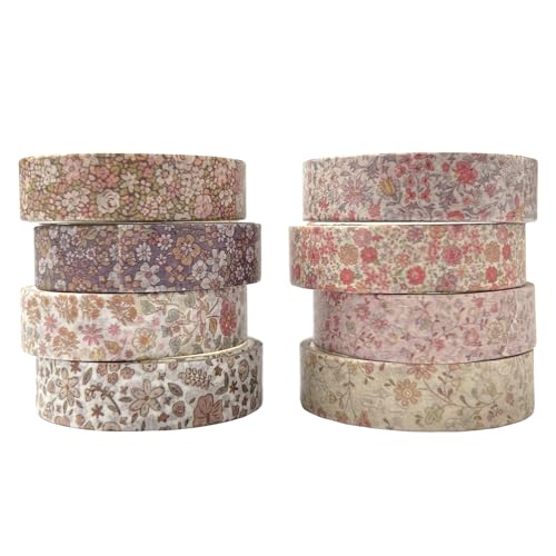 KEJOL Lot de 8 Rouleaux Washi Tape, Ruban Adhésif Décoratif Vintage, Masking Tape Coloré pour Scrapbooking, Loisirs Créatifs, DIY, Bullet Journal (Fleurs)