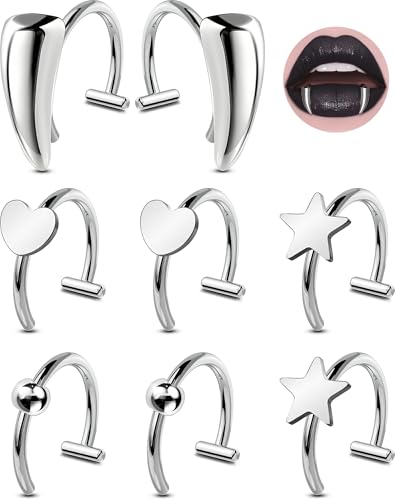 OUFER 8PCS Fake Lip Ring, 316L Surgical Steel Fake Lip Piercing Vampire Teeth Ring Kit, Adjustable Lip Ear Nose Non-Piercing kit Fake Nose Piercing Jewelry For Women Men
