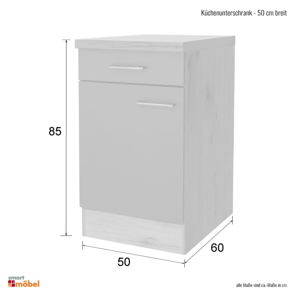 Witus Küchenunterschrank 50 cm in Weiß – mit Arbeitsplatte Schublade und Tür