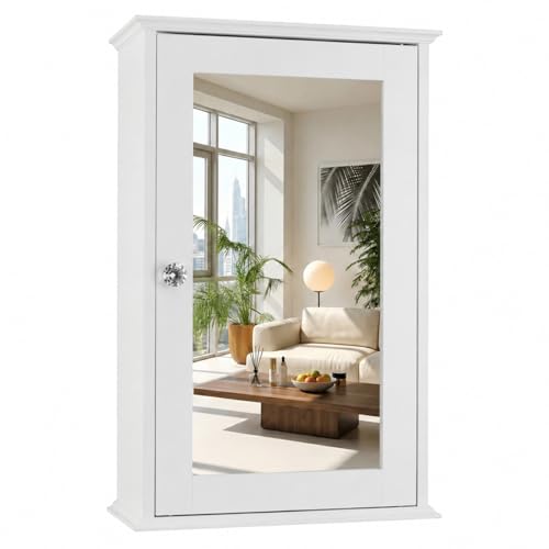 Bonnlo White Mirrored Medicine Cabinet - Wall Mounted Bathroom Storage Organizer with Single Door, 2...