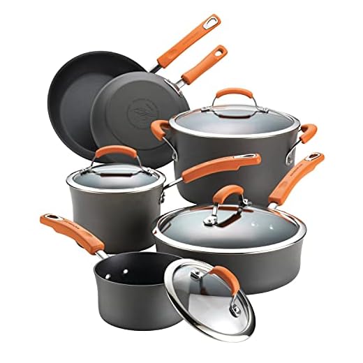 Rachael Ray Brights Hard-Anodized Aluminum Nonstick Cookware Set with Glass Lids, 10-Piece Pot and Pan Set, Gray with Orange Handles