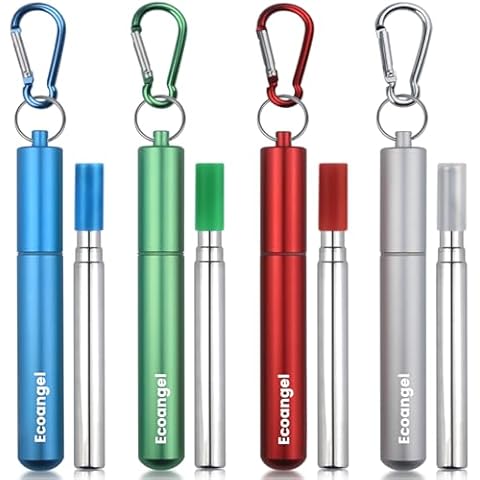 4-Pack Collapsible Stainless Steel Drinking Straws with Aluminum Case, Cleaning Brush, and Keychains - Silver, Blue, Red, Green Cover