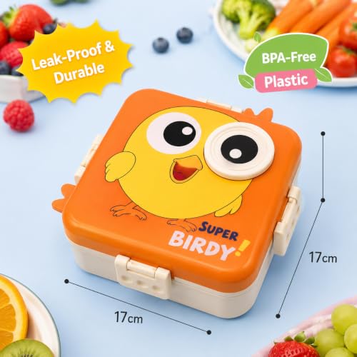 Image of ExtraCharm School Lunch Box with 3 Compartments & Sauce Container | Leak-Resistant Bento Tiffin Box for School, Office & Travel | Food Storage Box -Orange
