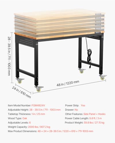 Image of VEVOR Adjustable Workbench, 48-Inch Work Bench with Power Outlet, Wheels, and Pegboard, 2000 lbs Load Heavy Duty Oak Wood Top Work Table for Garage, Workshop, Office, and Home