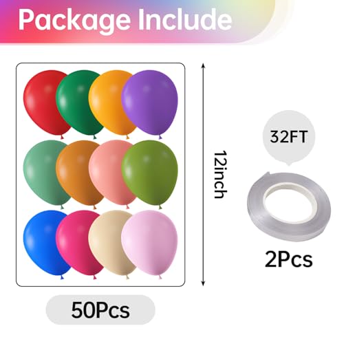 Image of KALOR 12 Inch Rainbow Balloons, 50 Pcs Latex Helium Balloons for Kid's Birthday Party, Baby Shower, Wedding, Graduate Party Decorations