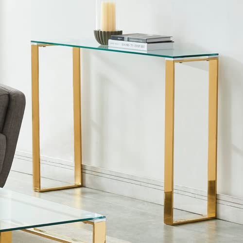 Take Me Home Furniture Console Entry Table | Gold Steel Legs & 12mm Clear Tempered Glass Top | Rectangular Accent Table for Hallway, or Living Room | Mid-Century Modern - (30" H x 30" W x 8" D) by Take Me Home Furniture - Image 4