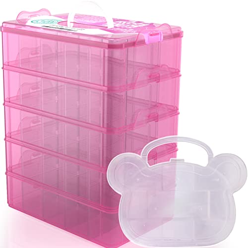 Stack Boxx Stackable Organizer and Storage Container (Pink) +Free Case | Be Clutter-Free, Be Happy! 5 Layers w/Handle -Perfect Solution for Kids Toys, Art Crafts, Jewelry, School & Office Supplies