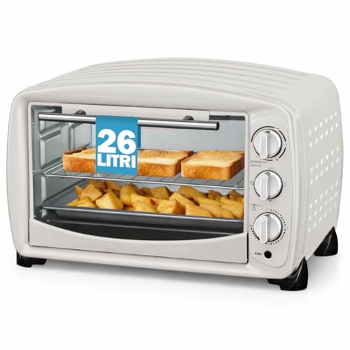 BAKAJI Forno Elettrico Crema Potenza 1500W con Teglia e Griglia Inclusi, Fornetto Capacità 26 Litri, Cottura Omogenea e Sana, Design Retrò e Salvaspazio, 44.5 x 30 x 29 cm