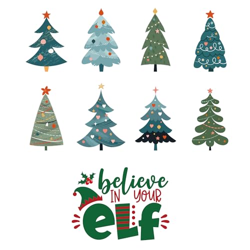 2 Pieces Believe In Your Elf & Pine Trees Christmas Window Clings for Glass Windows Xmas Holiday Grinch Stickers for Windows Vinyl Decal Winter Decor Country Decoration Peel and Stick for Kids Bedroom