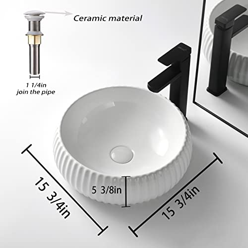 Pakroman Round Vessel Sink Countertop Bathroom Vessel Sink Modern Bathroom Sink Porcelain Ceramic Above Counter 16"X16" Contemporary White Vessel Vanity Sink With Pop Up Drain, Soap Dish #TOP2