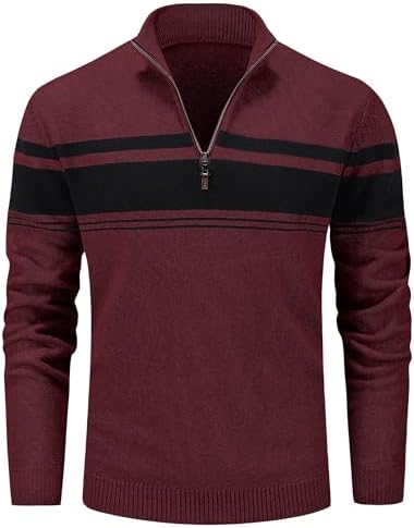 MAGCOMSEN Men's Sweaters 1/4 Zip Up Casual Striped Pullover Polo Sweaters Fall Winter Sweatshirts, Wine Red, L