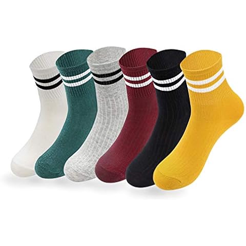 Doubyan 6 Pairs Striped Ankle Tube Socks Women Girls Teenagers Crew Socks Athletic Sport Short Socks Casual Cotton Black White Red Yellow Green Grey Cover