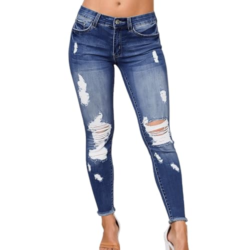 Jean slim déchiré pantacourt femme uni tendance décontracté