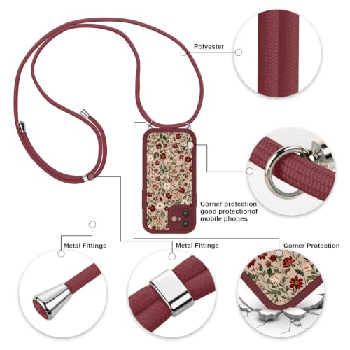 Vxinvnoi Etui na telefon komórkowy iPhone 17, etui ze smyczką, wzór w kwiaty, ze sznurkiem do zawieszenia, miękkie tworzywo TPU, cienkie, silikonowe, odporne na uderzenia, czerwone wino