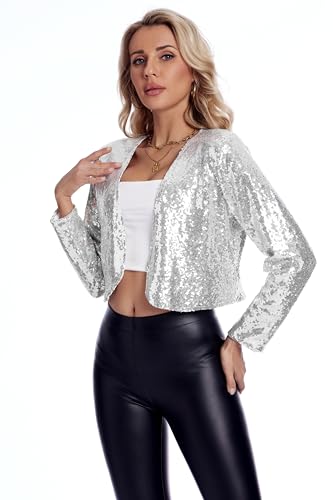 Women's Sequin Shrug Jacket Long Sleeve Open Front Glitter Blazer Bolero Wedding Party Sparkly Cropped Cardigan2