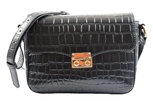 Sac bandoulière femme cuir noir fini le grand sac lourd motif crocodile