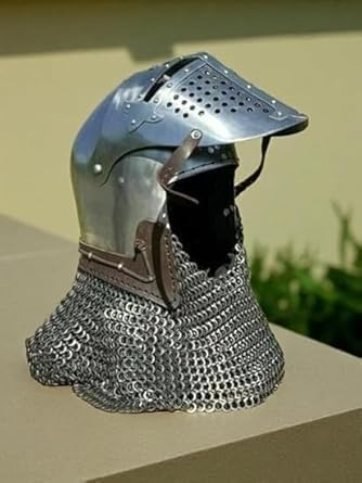 Medieval Steel Crusader Knight Helmet with Chainmail Aventail – Full Face Templar Helmet for LARP, Reenactment & Costume.
