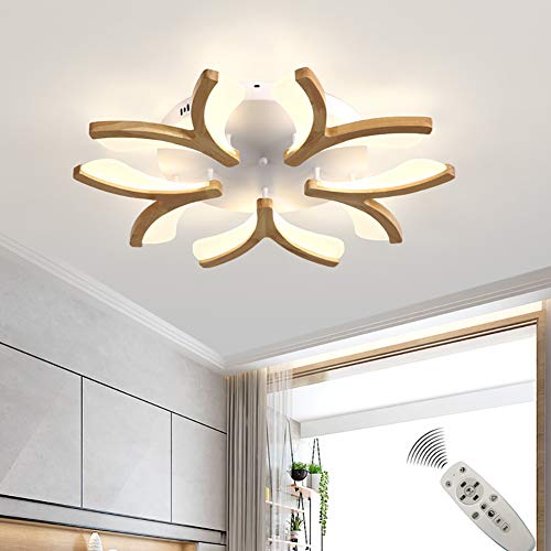 Salon Luminaire bois Plafonnier LED Dimmable avec Télécommande, Chambre Lampe Fleur Design Lustre pour Salle à Manger Salon Café Hôtel Bureau Luminaire,∅70cm