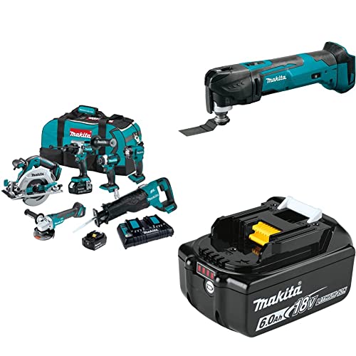 Makita XT616PT 18V LXT Lithium-Ion Brushless Cordless 6-Pc. Combo Kit (5.0Ah), BL1860B 18V LXT Lithium-Ion 6.0Ah Battery, and XMT03Z 18V LXT Lithium-Ion Cordless Oscillating Multi-Tool