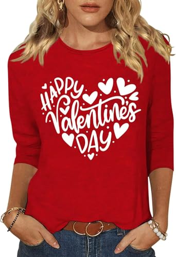 Image of Women's Valentine 3 /4 Sleeve Round Neck Shirt Funny Love Heart Graphic Tee Casual Couple Top Blouse