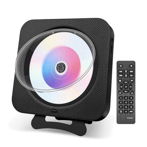 Adirigo Reproductor de CD con Pantalla LED y Cubierta contra Reproductor CD con Bluetooth 5.1 Montar en la Pared CD Player Altavoces HiFi Integrados con Radio FM Entrada USB y AUX (Negro)