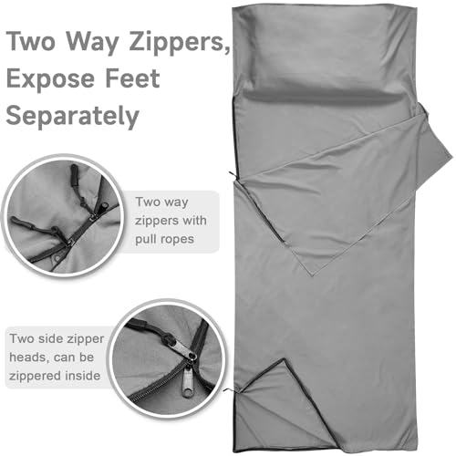 VVAYHUA Hüttenschlafsack,2in1 Reiseschlafsack aus Mikrofaser,Zwei-Wege-Reißverschlüsse Legen die Füße separat frei,Erwachsene Camping Blatt für Rucksacktourismus, Hotel, Geschäftsreisen(Grau)