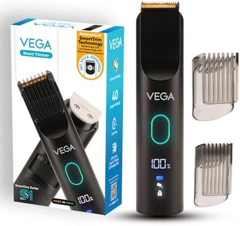 Vega SmartOne S1 Beard Trimmer for Men with AI SmartTrim Technology Titanium Blade, Digital Display, 120 mins Runtime, USB Type C, IPX7 Waterproof & 40 Length Settings, 3 Unique Speed Mode (VHTH-30)
