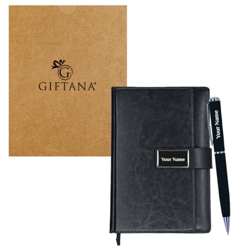 Image of Giftana Personalized Notebook Diary with Pen Gift Set for Men and Women, 2 in 1 Customized Office Diaries A5 Size Notebook, Diwali Gifts, Personalised New Year Corporate Gifts for Employees (Black 1)