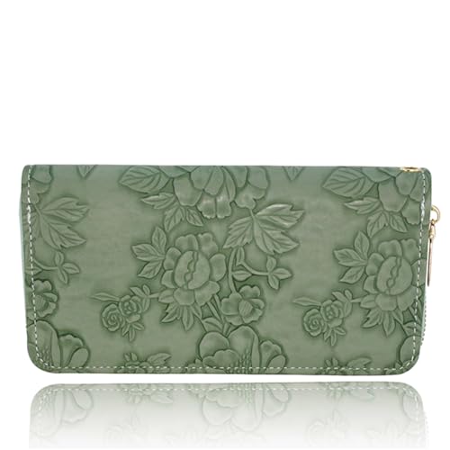 Ladies flower embossed wallet, ladies ultra-thin long wallet with zipper closure design, wristband, 7.67 x 3.93 inches, green
