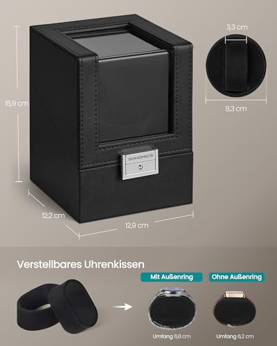 SONGMICS Uhrenbeweger, Automatik Uhrenbeweger 1 Uhr, Uhrenbox, Premium-Motor, mit LED-Licht, verstellbarem Uhrenkissen, Schloss, 4 Rotationsmodi, USB-C-Ladekabel, schwarz JWB030B01