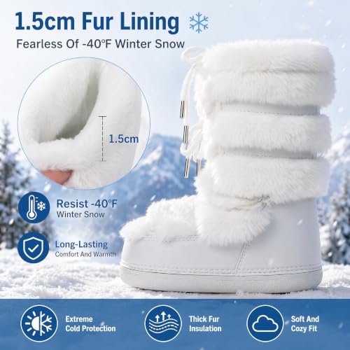 Image of ZHENAIYISHENG Furry Faux Fur Boots for Women - Fuzzy Winter Snow Boots - Fluffy Black White Pink Fur Boots - Lace-up Mid-Calf Water-Resistant Platform Boots