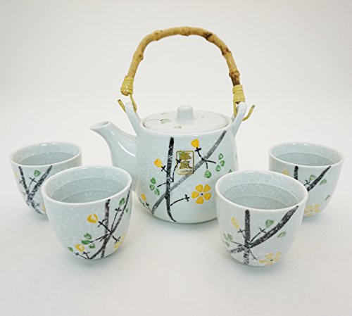 Japanese White Snow Cherry Blossom Sakura Tea Set Ceramic Teapot With Rattan Handle And 4 Tea Cups #TOP7
