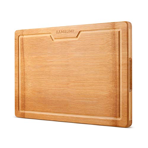 BAMBUMI Tabla de cortar de bamb con ranura de jugo, Superficie de corte hecho de una pieza entera de madera de bamb, 34x24x2.5cm