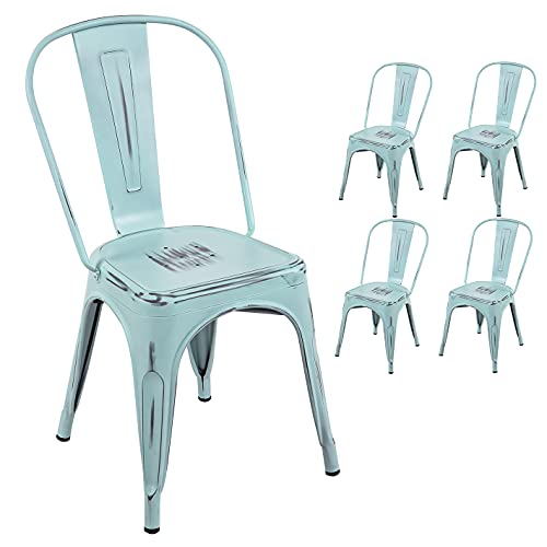 YOUNIKE Metal Dining Chairs Modern Industrial Distressed Indoor Outdoor Kitchen Dining Room Chairs Set of 4 (Dream Blue)…