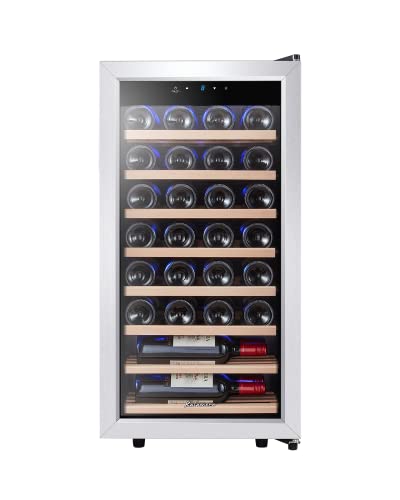 Foto von Kalamera Weinkühlschrank, 28 Flaschen 86 Liter, Touch-Bedienfeld, Edelstahl Glastür, 5-18°C Kühlzone, Abnehmbar Holzauflagen, KRC-86FCSS-W