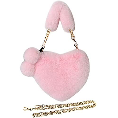 Rejolly Furry Purse for Girls Heart Shaped Fluffy Faux Fur Handbag for Women Soft Small Shoulder Bag Clutch Purse
