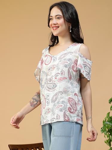 Image of oxolloxo Women Solid V-Neck Short Sleeve Cold Shoulder Yarn-Dyed Dobby Top