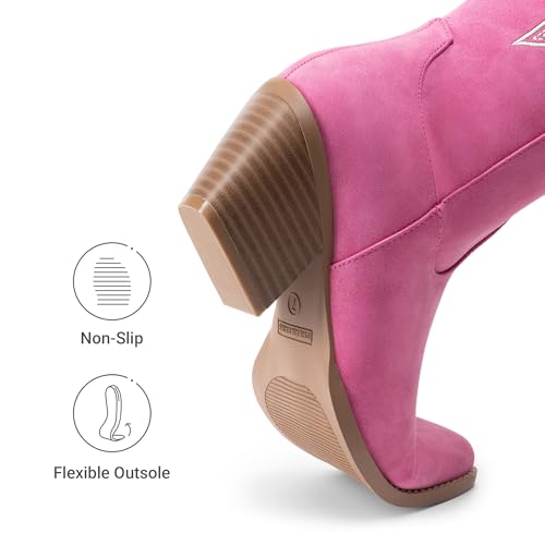 DREAM PAIRS DREAM PAIRS Cowgirl Boots Women Knee High Cowboy Boots Pointed Toe Chunky Block Heel Suede Tall Western Boots with Embroidered,Size 7,Hot Pink,SDKB26001W