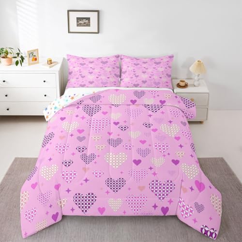 Image of Erosebridal Love and Heart Queen Comforter Set Cute Heart Pattern Bedding Set for Kids Teens Purple Valentine Bedroom Decor Love Geometric Quilt Duvet